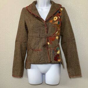 Hendi Brown Tweed Wool Blend Patchwork Embroidered Artsy Goblincore Jacket S